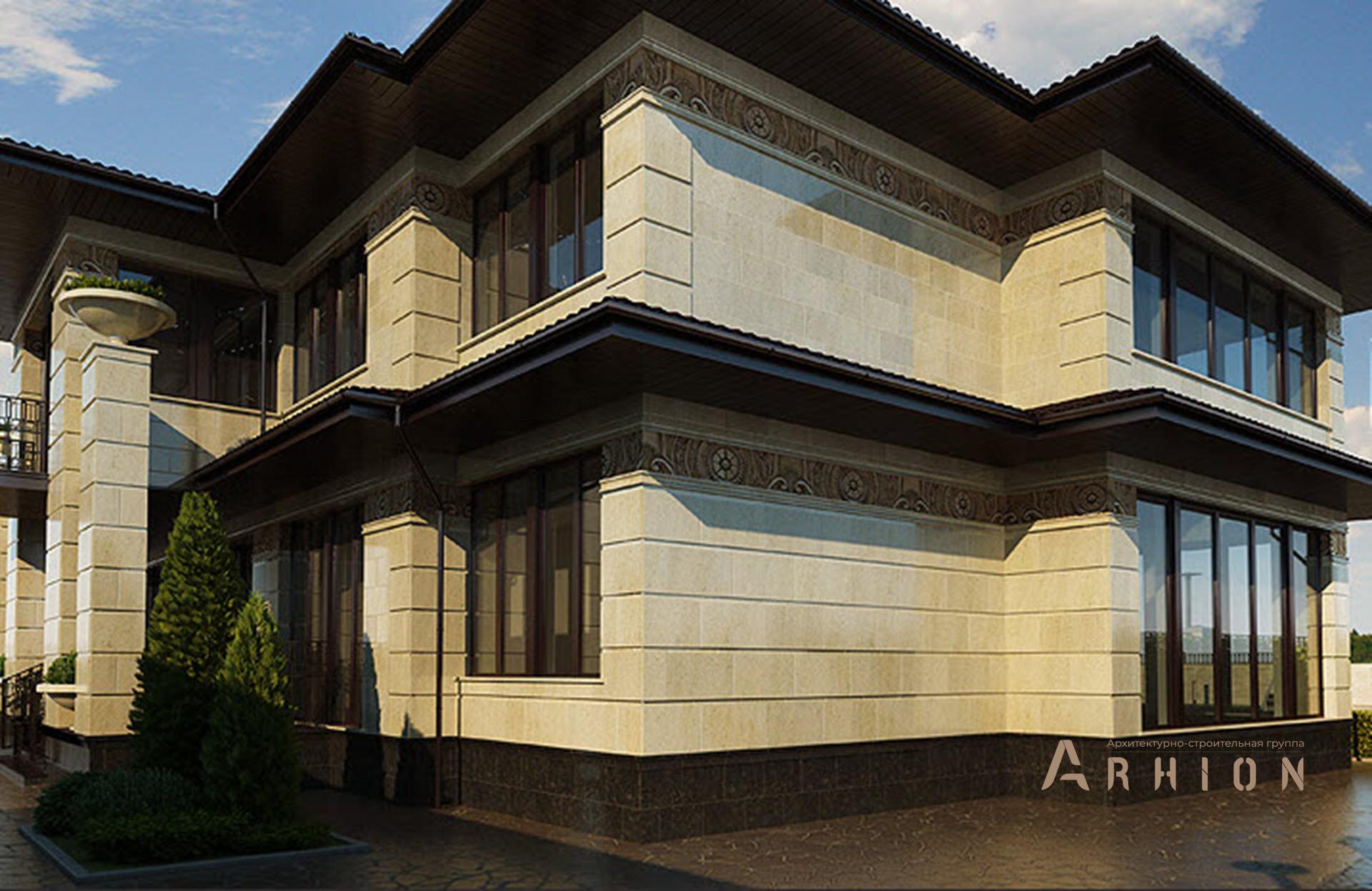 5. Проект двухэтажного дома в стиле Ллойда Райта (прерий) с четырехскатной, SOV-16, площадью - 371 кв c сауной, балконом, вторым светом